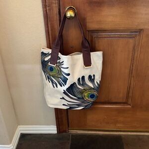 Peacock Feather Leather Tote Bag - Cream and Brown by Elliott Luca